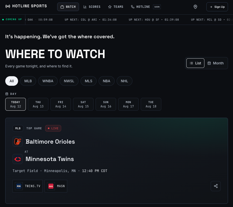 Hotline Sports where-to-watch schedule showing live games and broadcast options