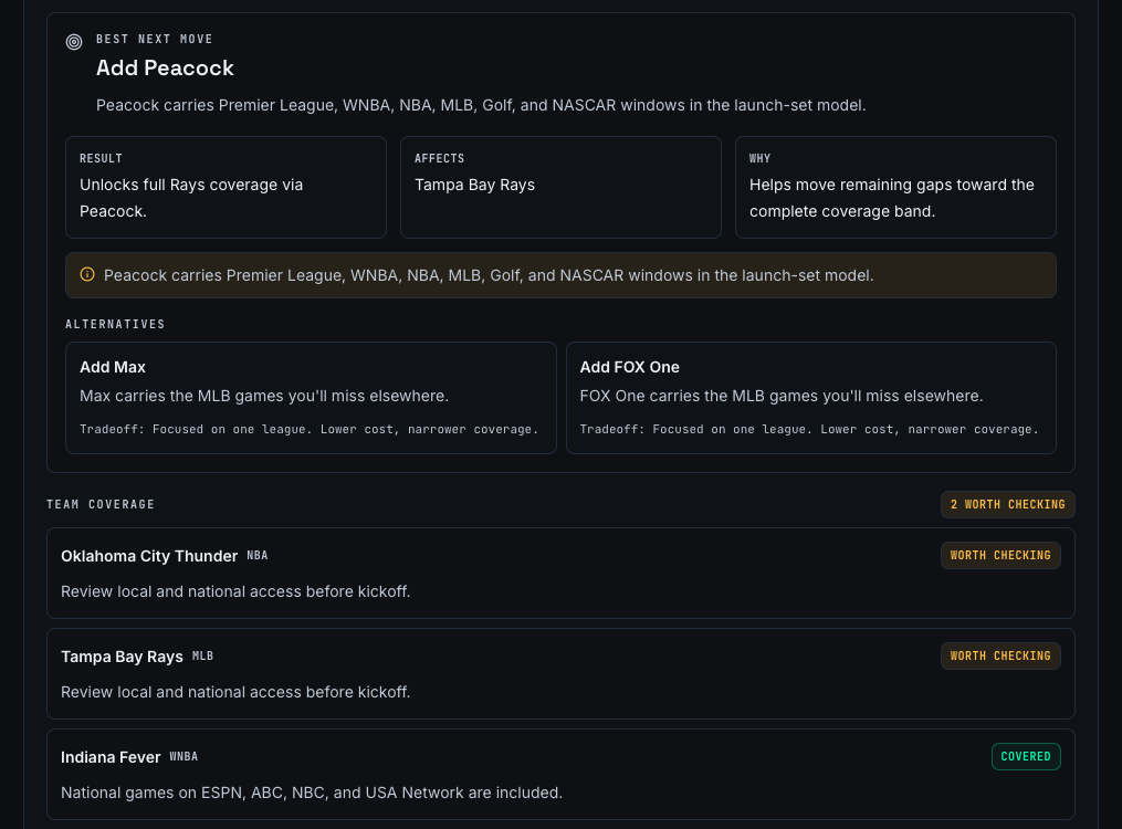 Hotline Sports coverage view showing team recommendations and streaming options