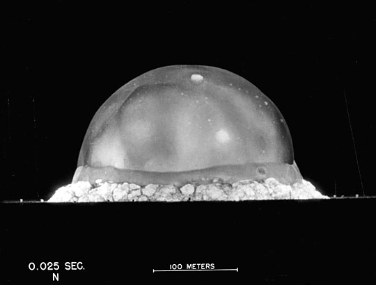 The Trinity test fireball, the first detonation of a nuclear weapon, July 16, 1945, near Alamogordo, New Mexico.