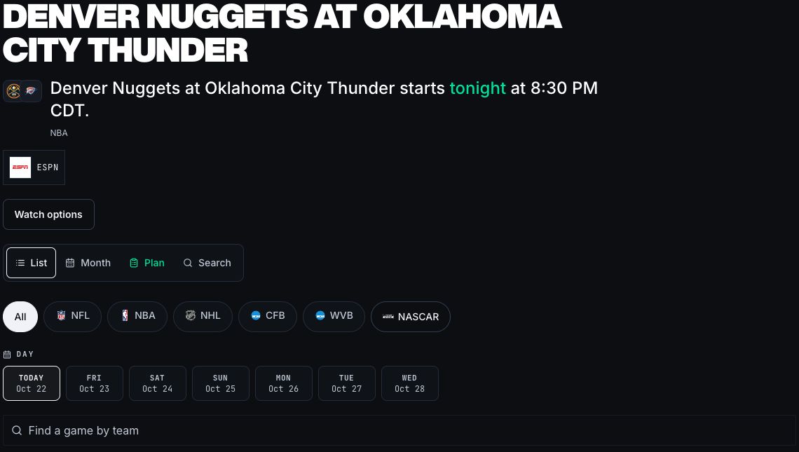 Hotline Sports guide showing an NBA matchup, its ESPN broadcast, watch options, league filters, and a date selector.